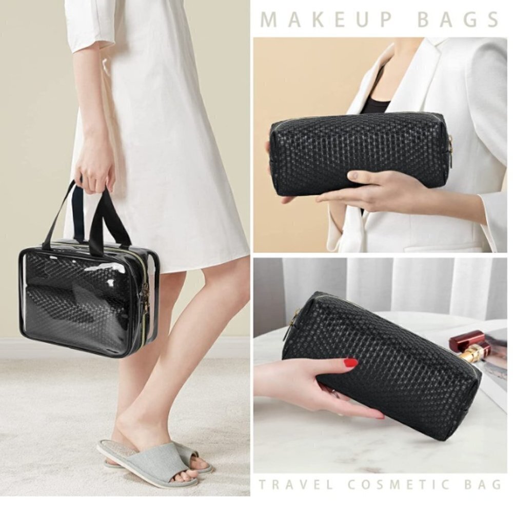 3 Pcs 1 Clear Waterproof Cosmetic Bag, 2 Travel Makeup Bags Leather Weave Makeup